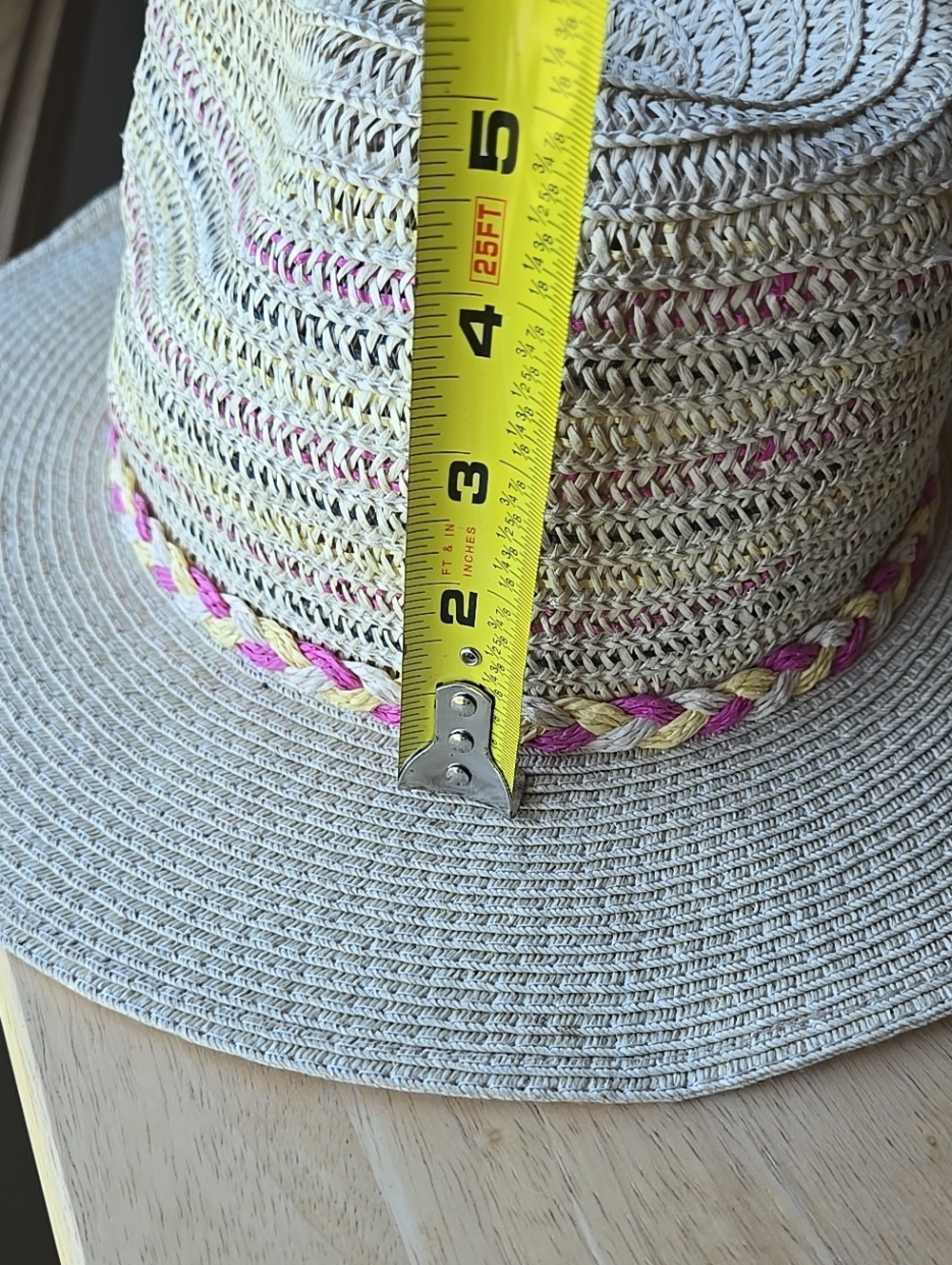 Fedora Braided Sun Hat Pink Yellow Braided Band Cream Tan Festival Vacation - Picture 10 of 16